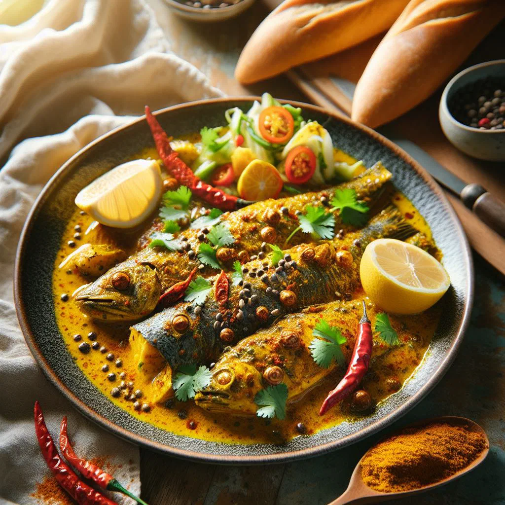 Marinated fish fillets with turmeric, onions and fresh herbs served on a plate