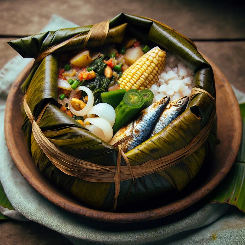 Fish steamed in banana leaves with peppers and tomatoes, served on a plate