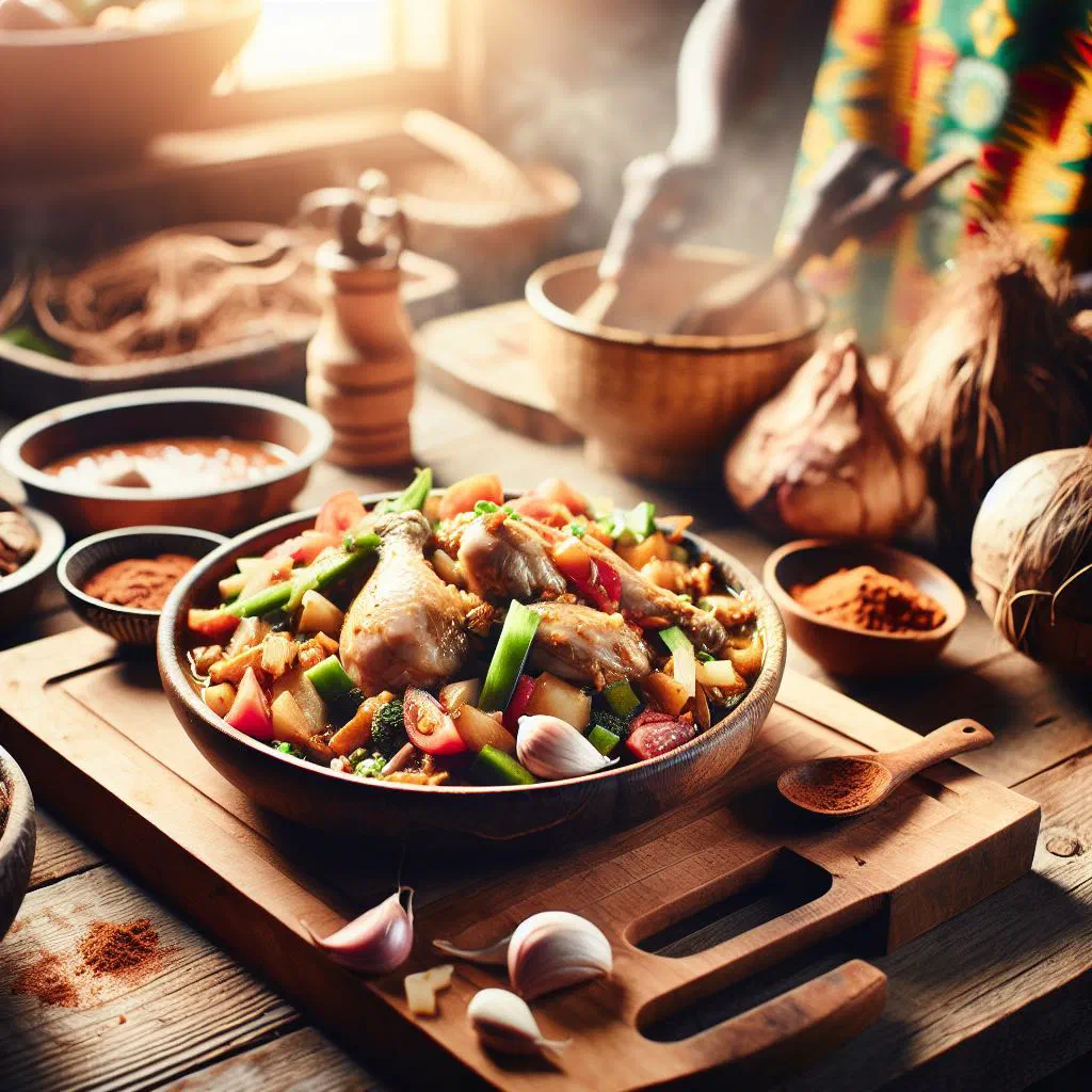 Moambe chicken simmered in rich palm nut sauce, served with rice