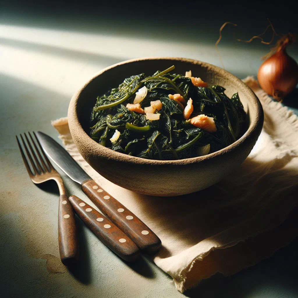 Bowl of pondu made from cooked cassava leaves in peanut sauce