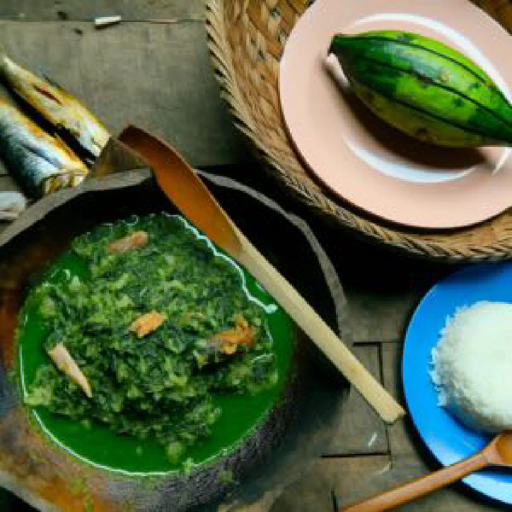 Sombe, a Congolese dish of cassava leaves and cassava root served in a bowl