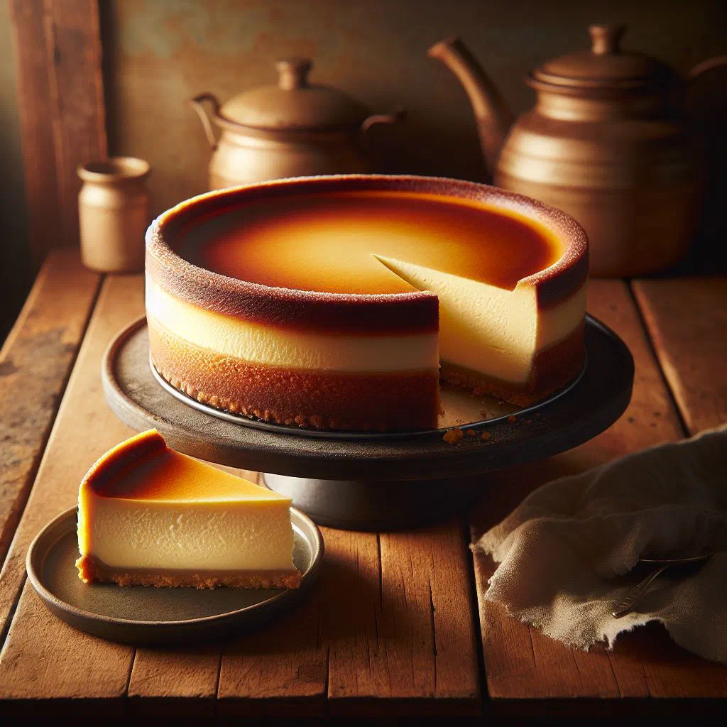 Slice of golden Costa Rican bizcocho de queso cheese cake on a plate