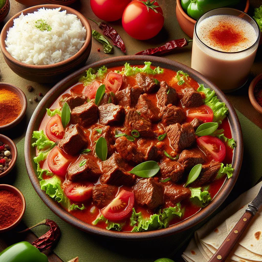 Tender beef simmered in tomato sauce, served with rice and beans