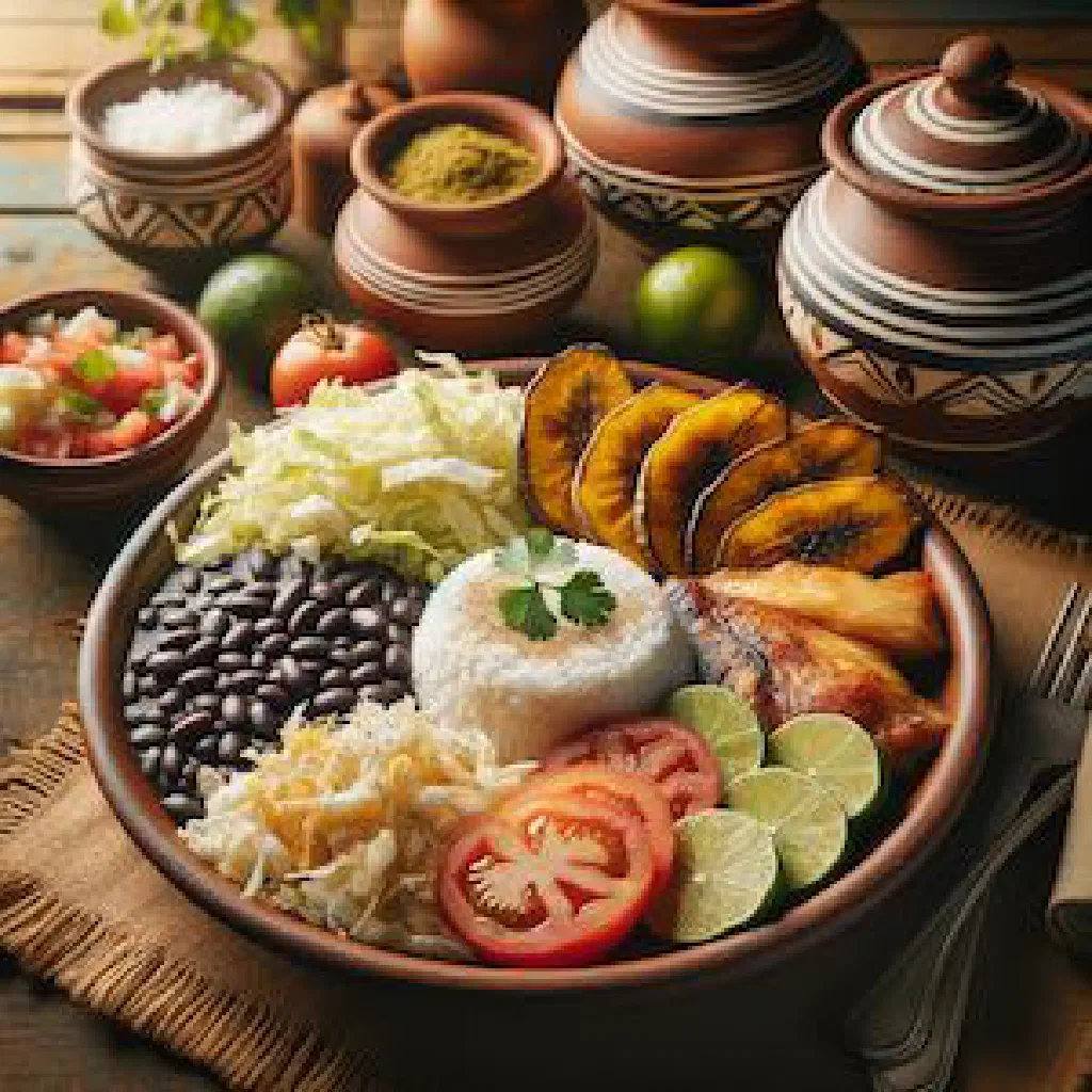 A Casado plate with rice, black beans, fried plantains, salad and chicken
