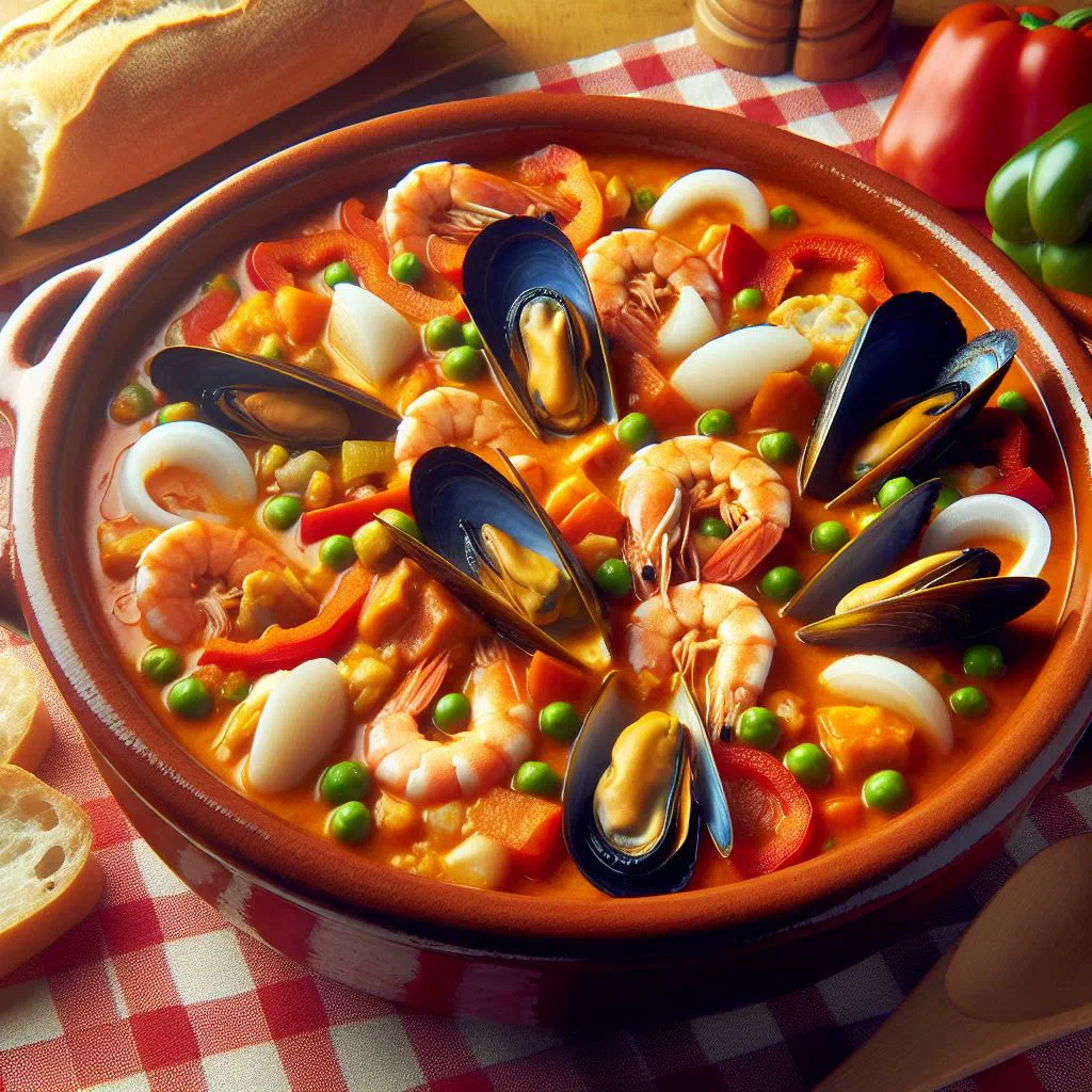 Costa Rican cazuela de mariscos seafood stew garnished with fresh coriander