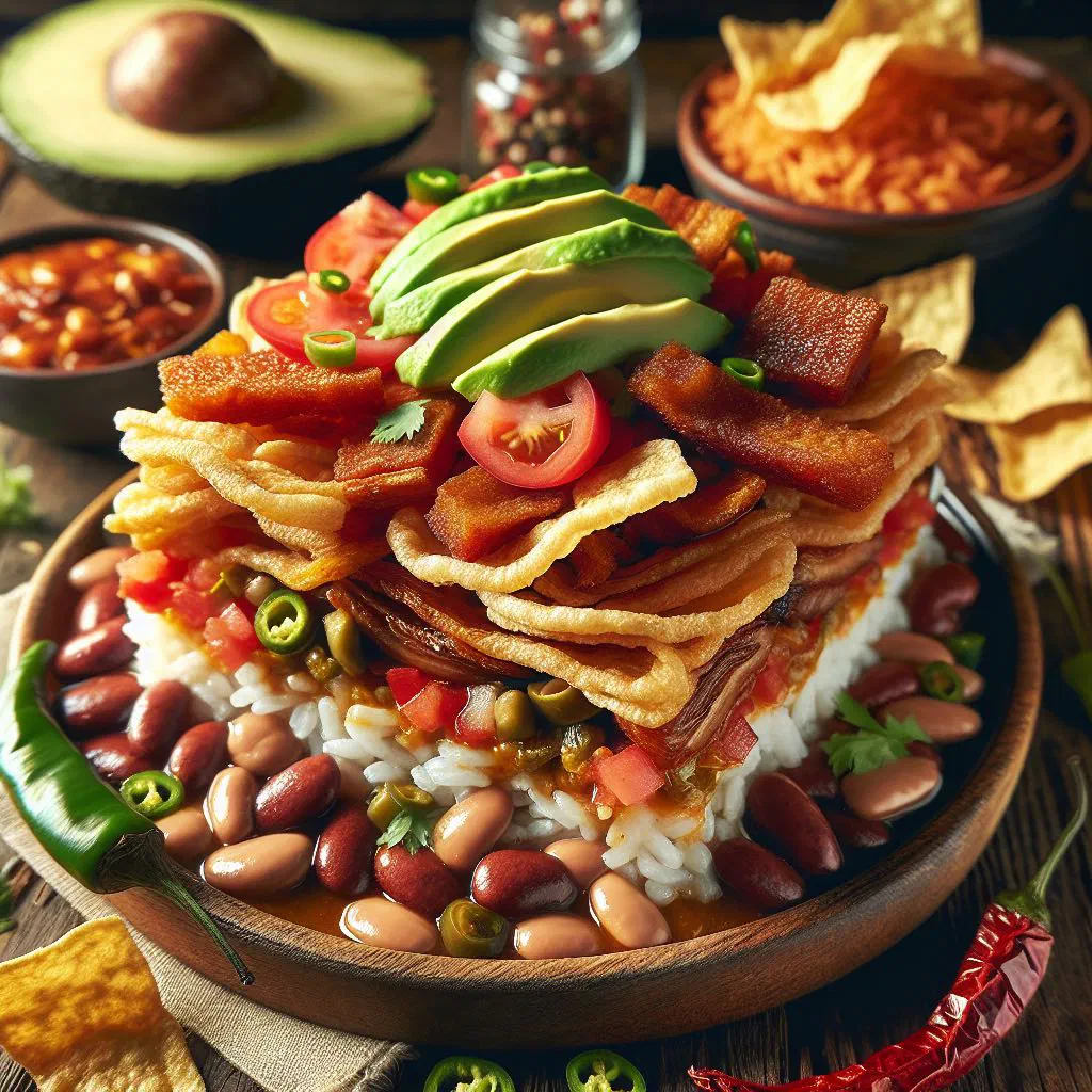 Chifrijo bowl with rice, black beans, crispy pork and avocado