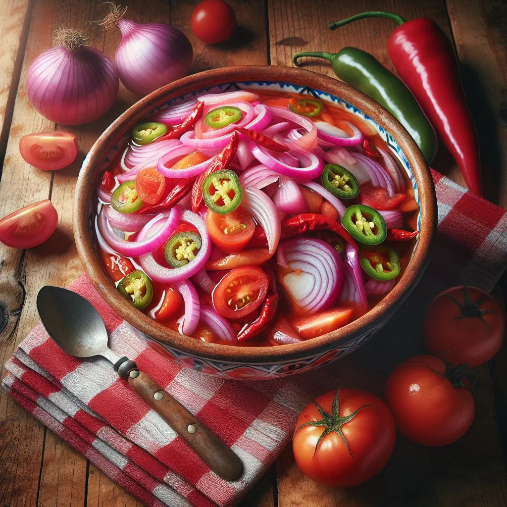 Bowl of fresh Costa Rican chilera with tomatoes, peppers and coriander
