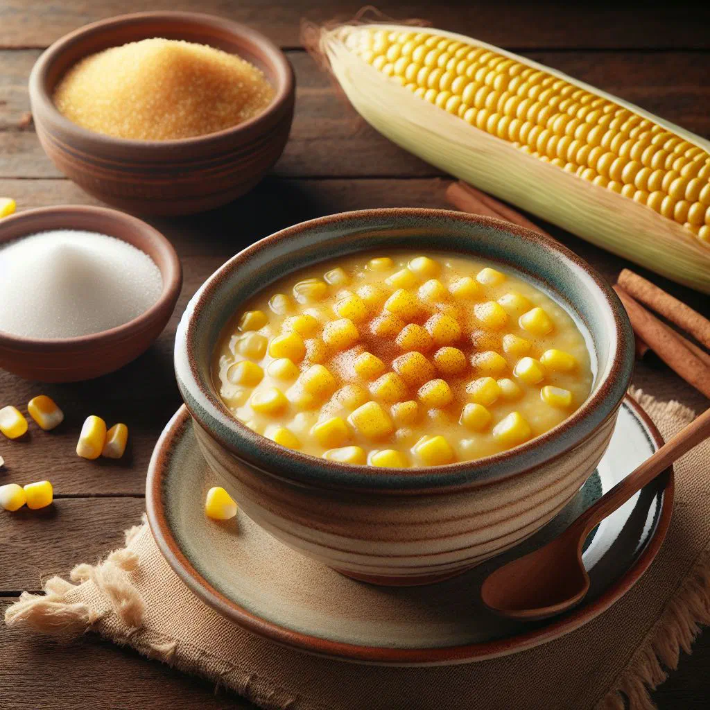 Creamy corn mazamorra served warm in a bowl with a dusting of cinnamon