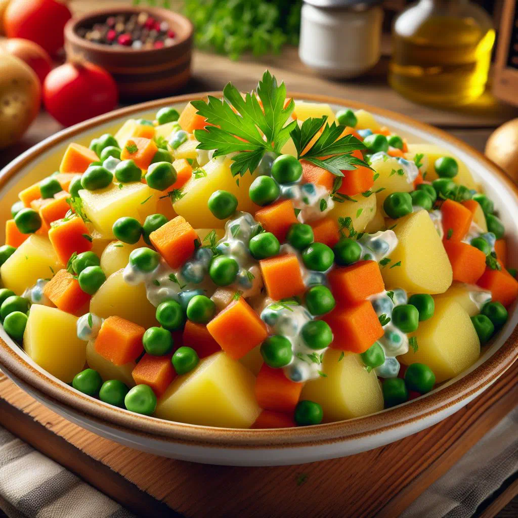 Creamy Costa Rican potato salad with carrots and peas, garnished with parsley