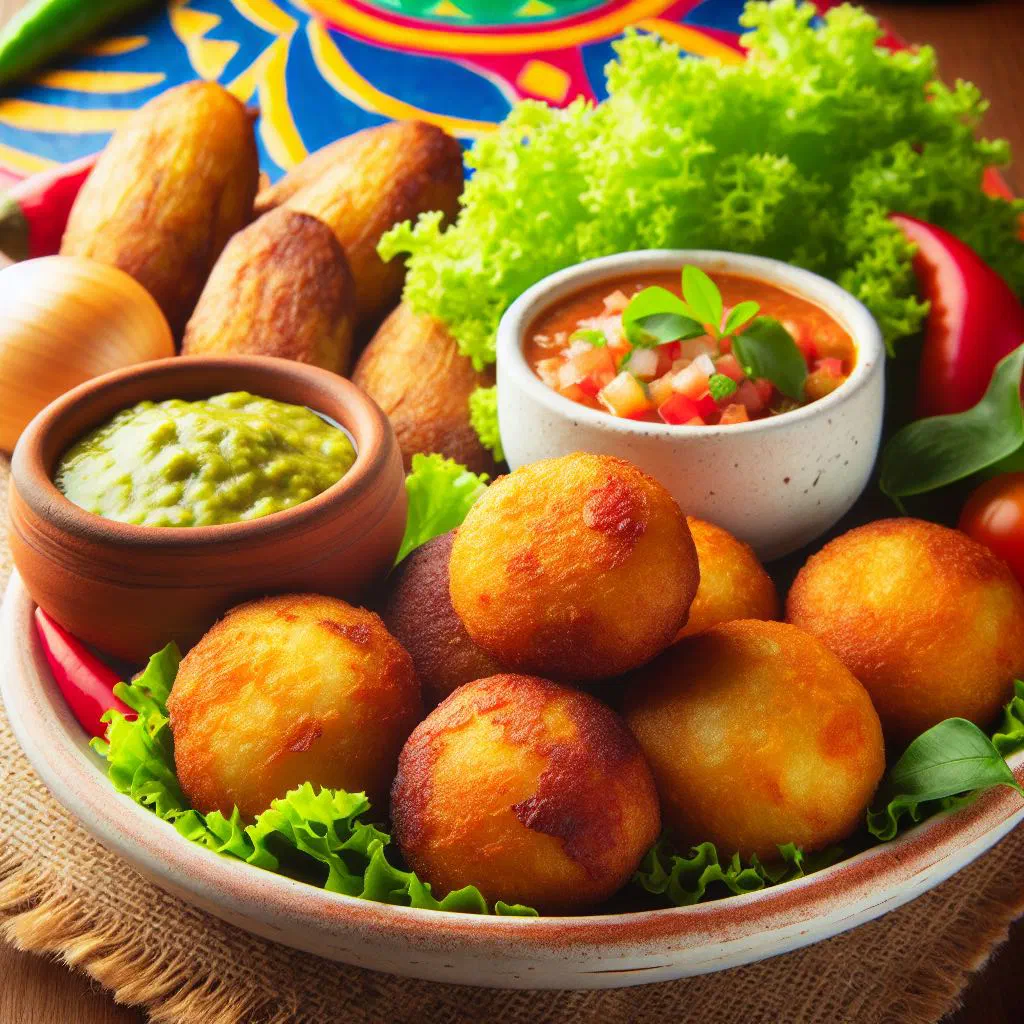 Golden fried enyucados filled with seasoned meat, garnished with fresh herbs