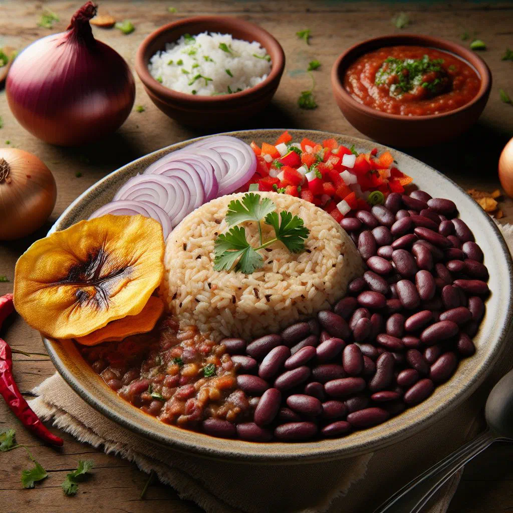 Costa Rican gallo pinto of rice and black beans garnished with fresh coriander