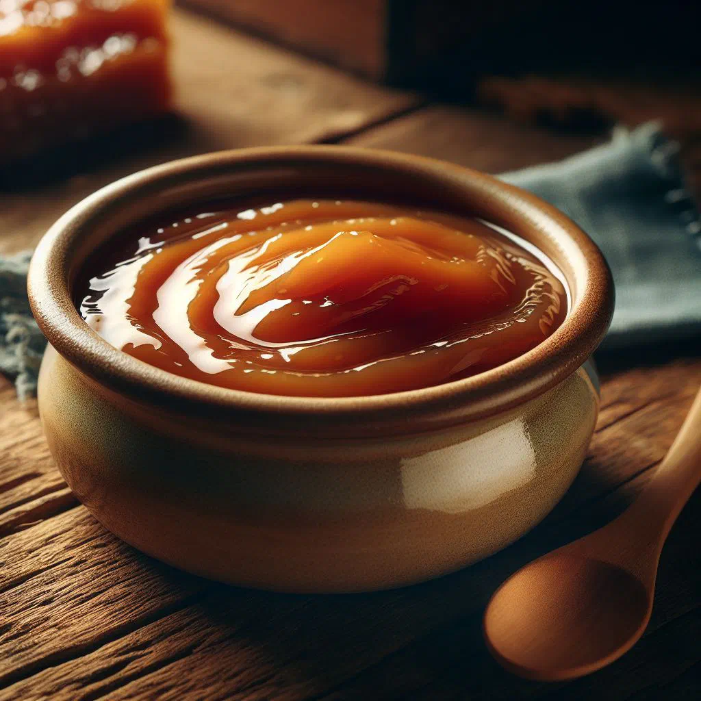 Jar of thick homemade dulce de leche caramel with a spoon