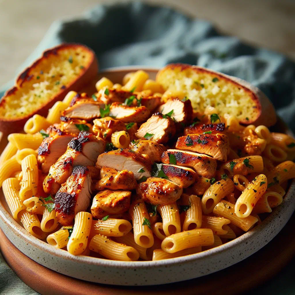 Macarrones con pollo with pasta, chicken and vegetables garnished with parsley
