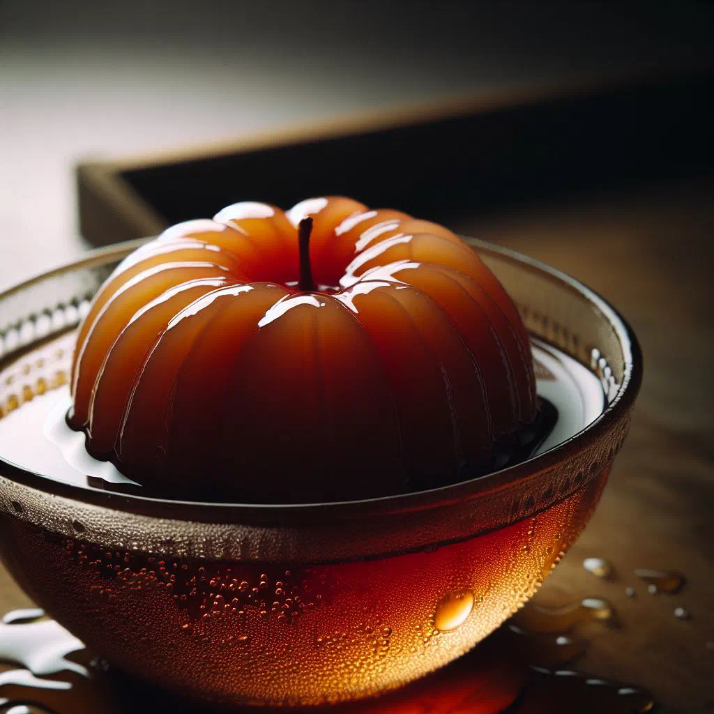 Water apples simmered in spiced cinnamon and clove syrup, served in a dessert bowl