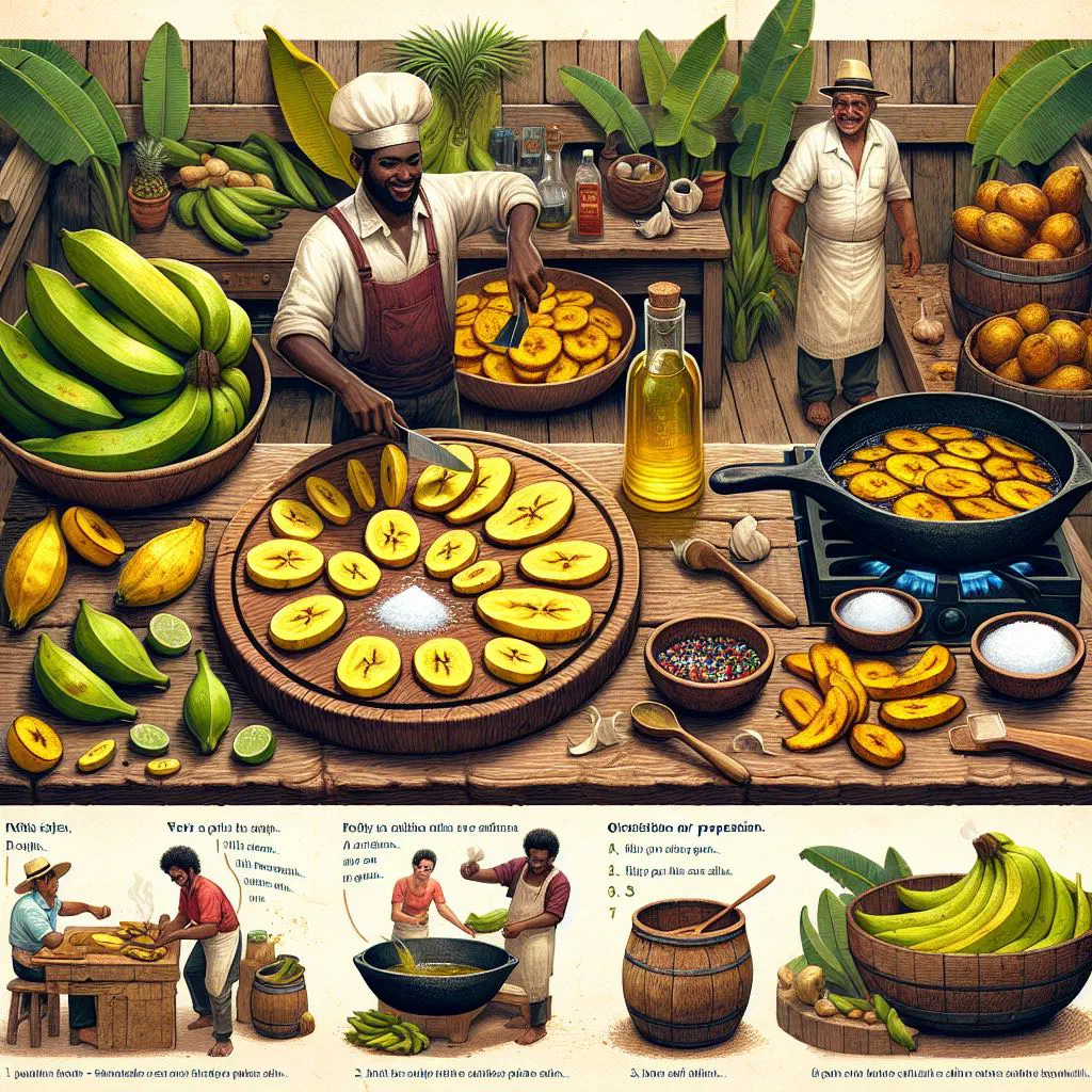 Golden fried patacones made from flattened green plantains, sprinkled with salt