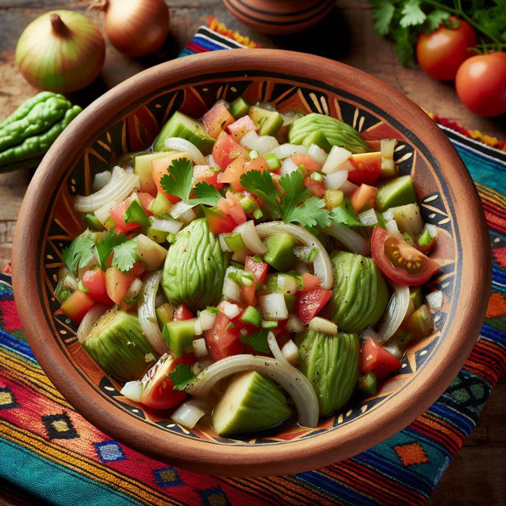 Diced chayote picadillo with vegetables and fresh coriander in a bowl