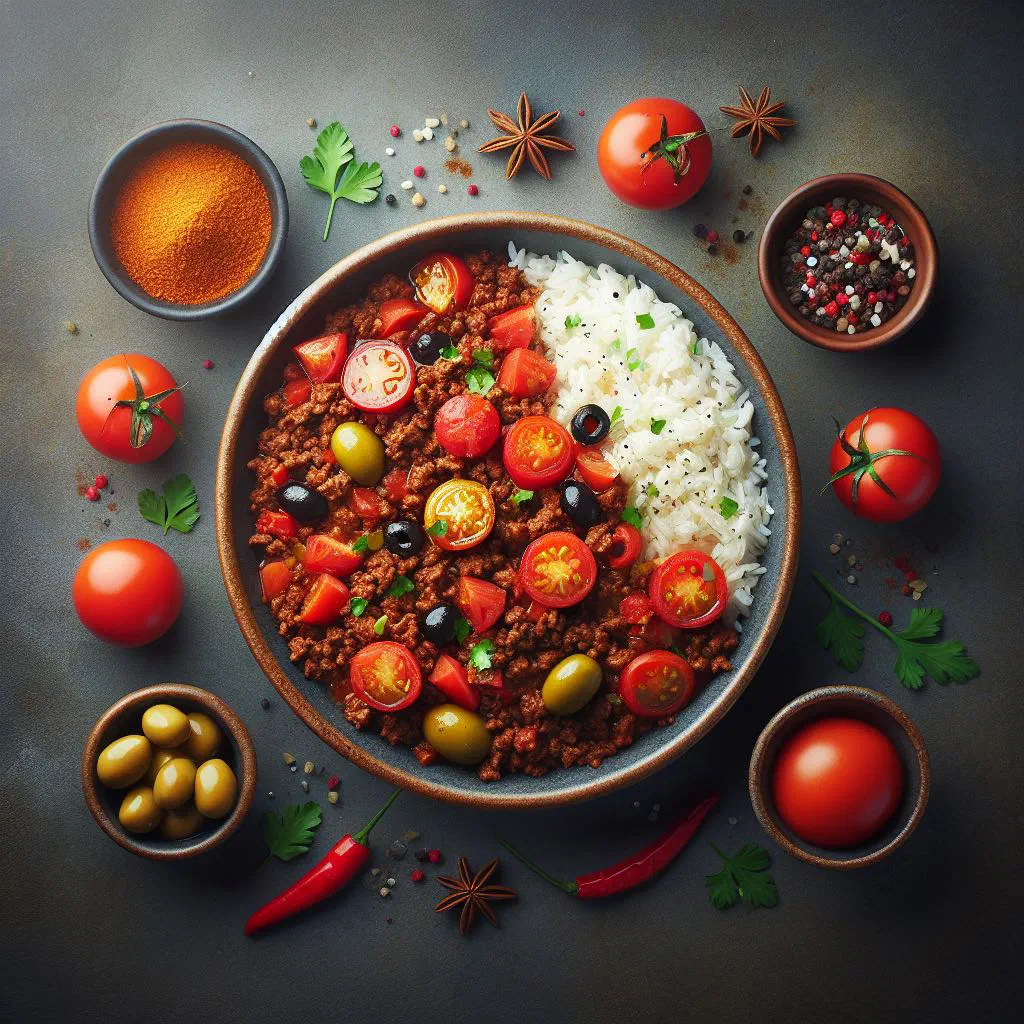 A bowl of Costa Rican picadillo with minced beef, diced vegetables and fresh coriander