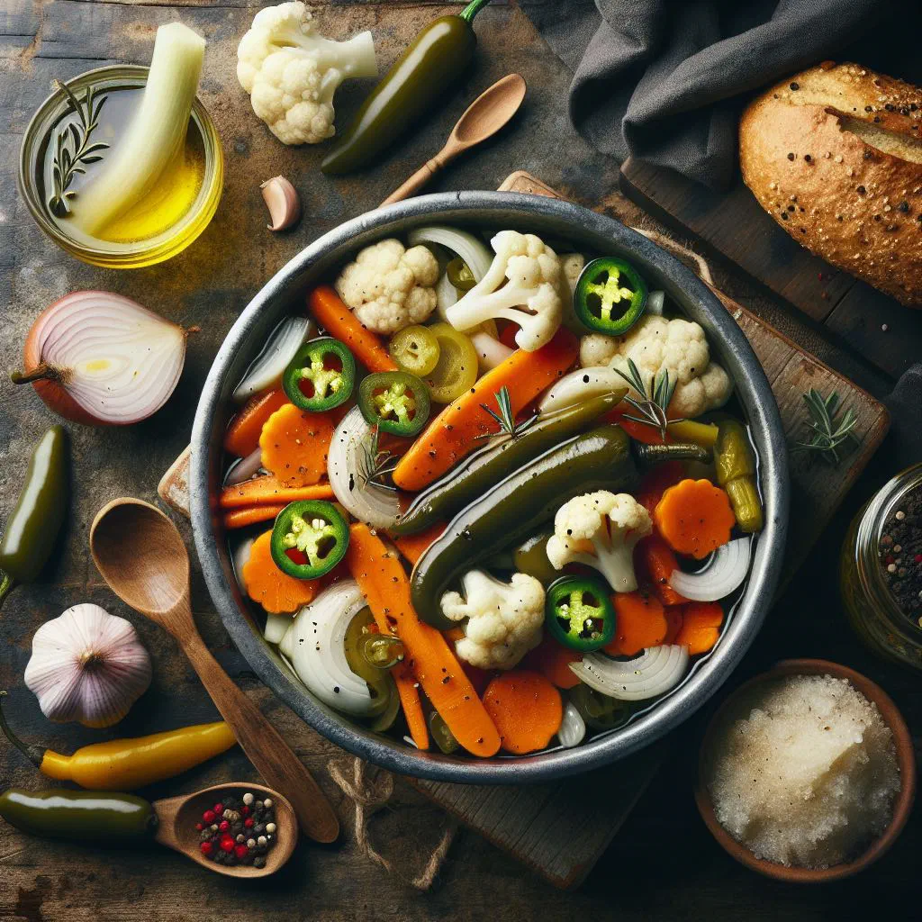 A colourful bowl of pickled Costa Rican vegetables in a tangy marinade