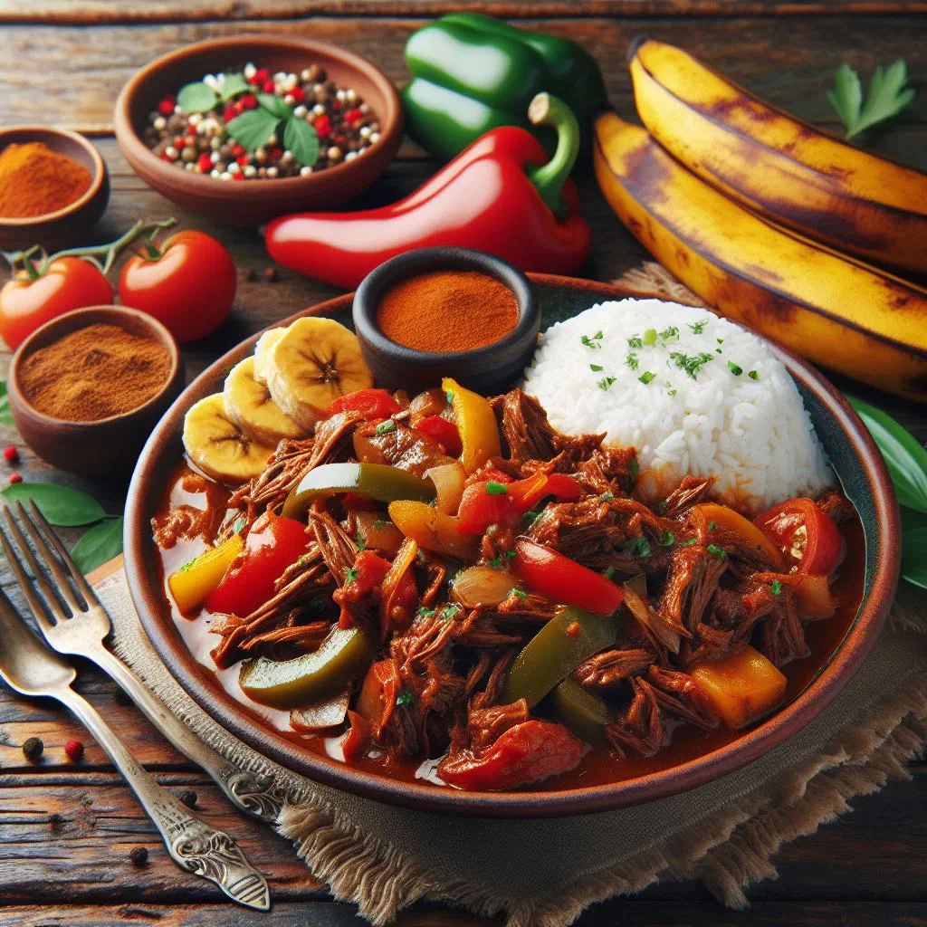Shredded beef ropa vieja in tomato sauce with peppers, served with rice and beans