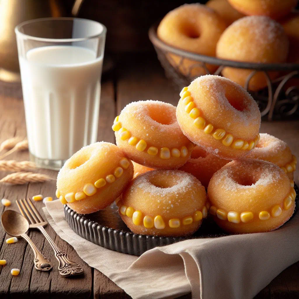 Golden fried corn rings dusted and served warm on a plate