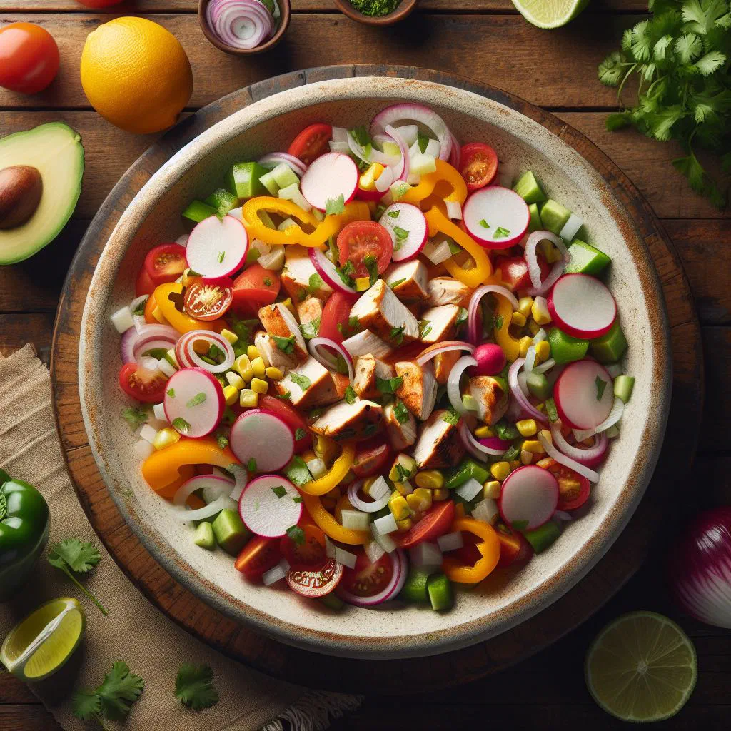 Bowl of Costa Rican salpicón with shredded beef, diced peppers and fresh coriander