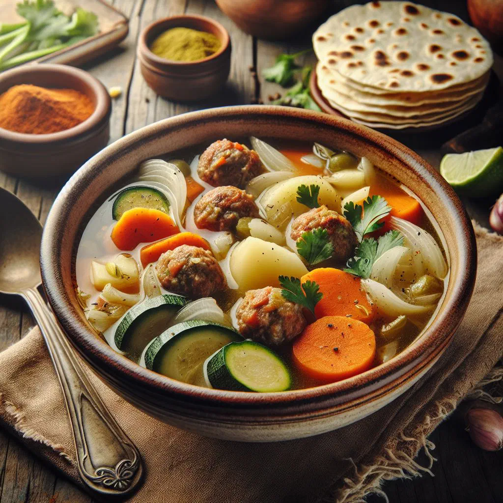 Bowl of Costa Rican meatball soup with vegetables and fresh coriander
