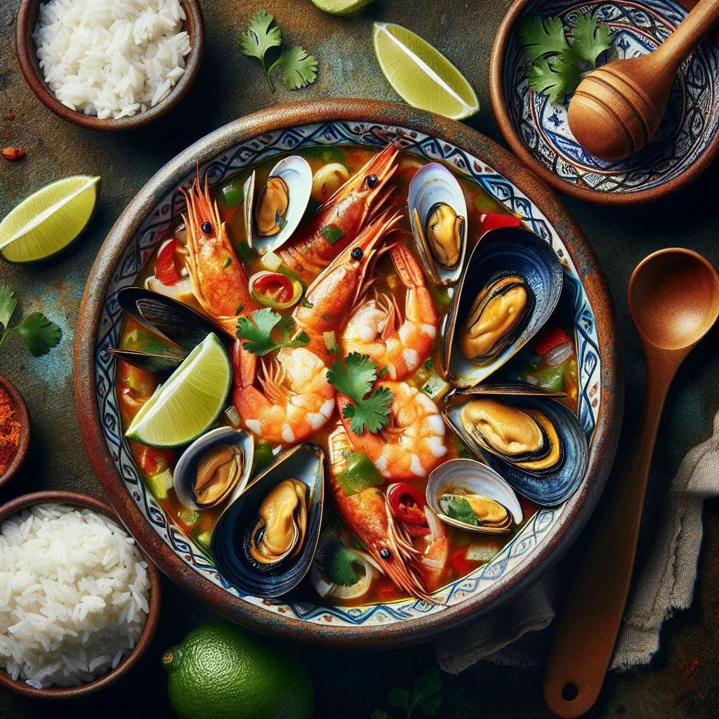 Bowl of Costa Rican seafood soup with prawns, squid and fresh coriander
