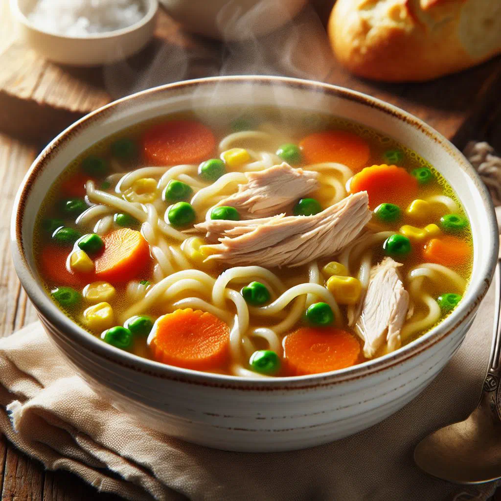 Bowl of Costa Rican chicken noodle soup with carrots and fresh herbs
