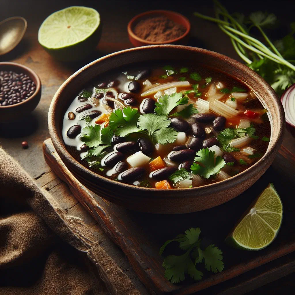 Bowl of Costa Rican black bean soup topped with fresh coriander and lime