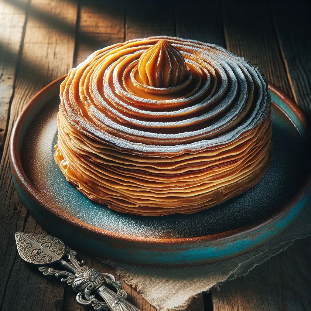 Sliced Torta Chilena layer cake with caramel cream and almonds