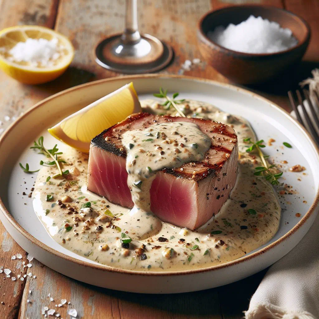 Seared tuna in creamy coconut sauce garnished with fresh coriander and lime