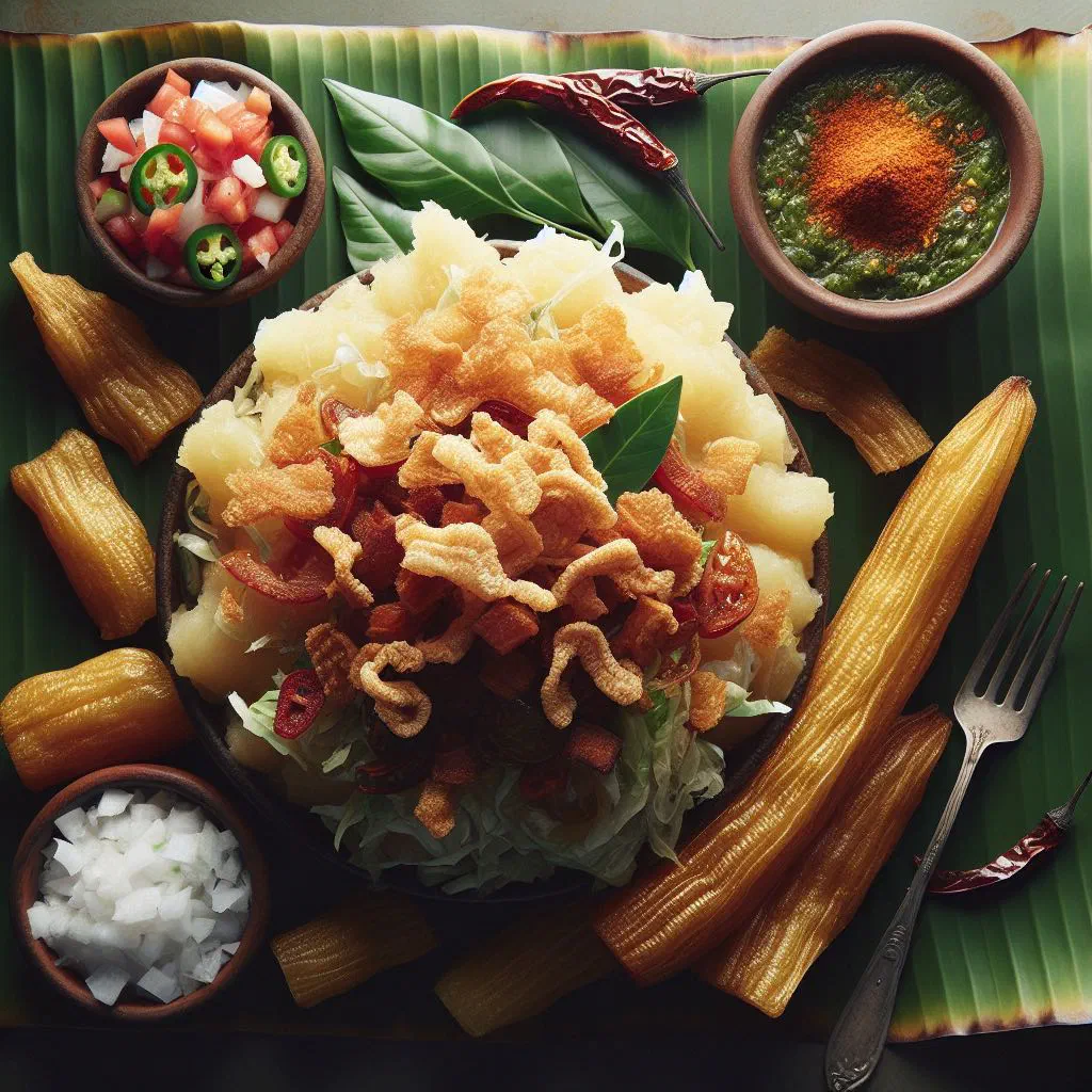 Vigorón with steamed yuca, crispy pork and a fresh cabbage slaw