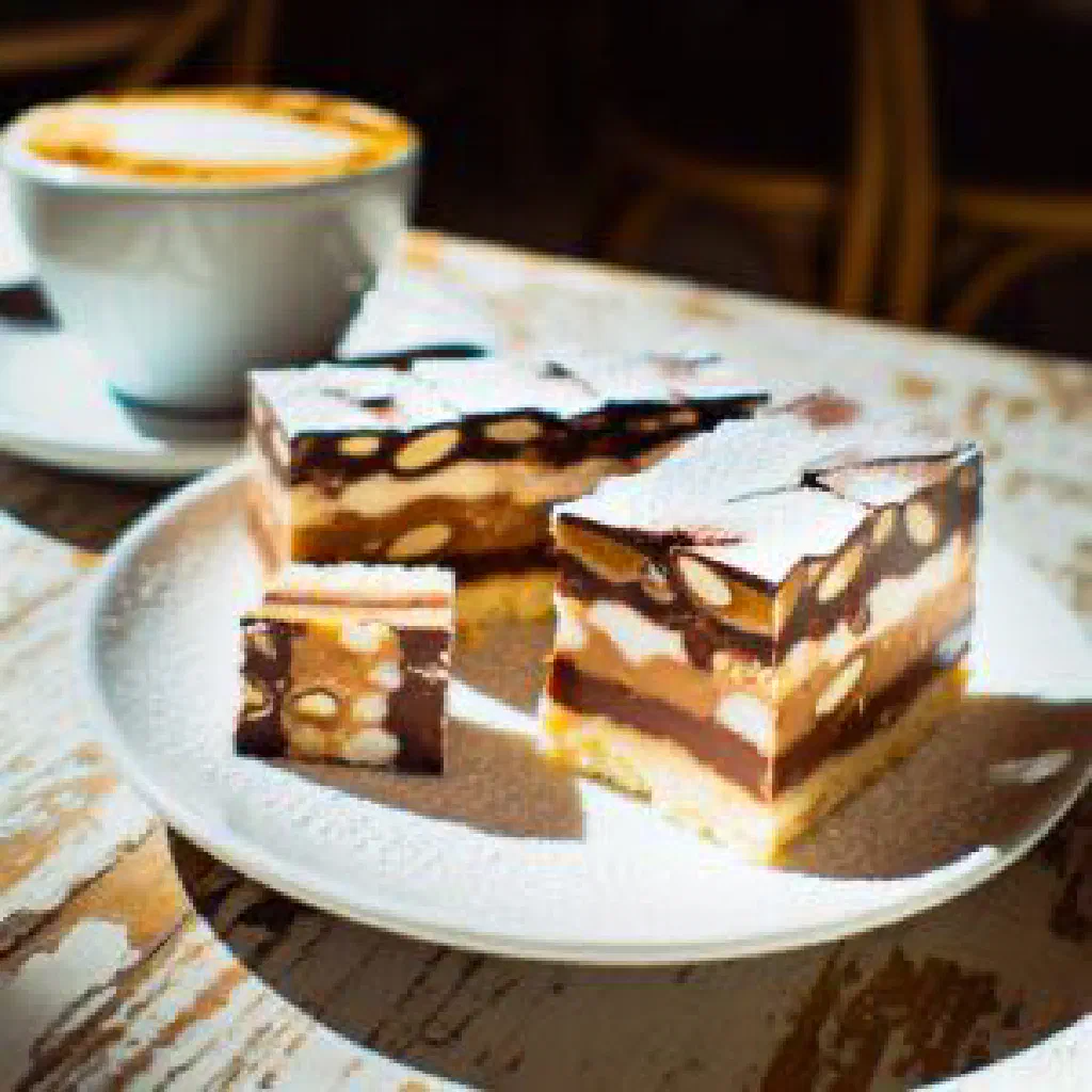 Layered Croatian bajadera praline squares dusted with cocoa