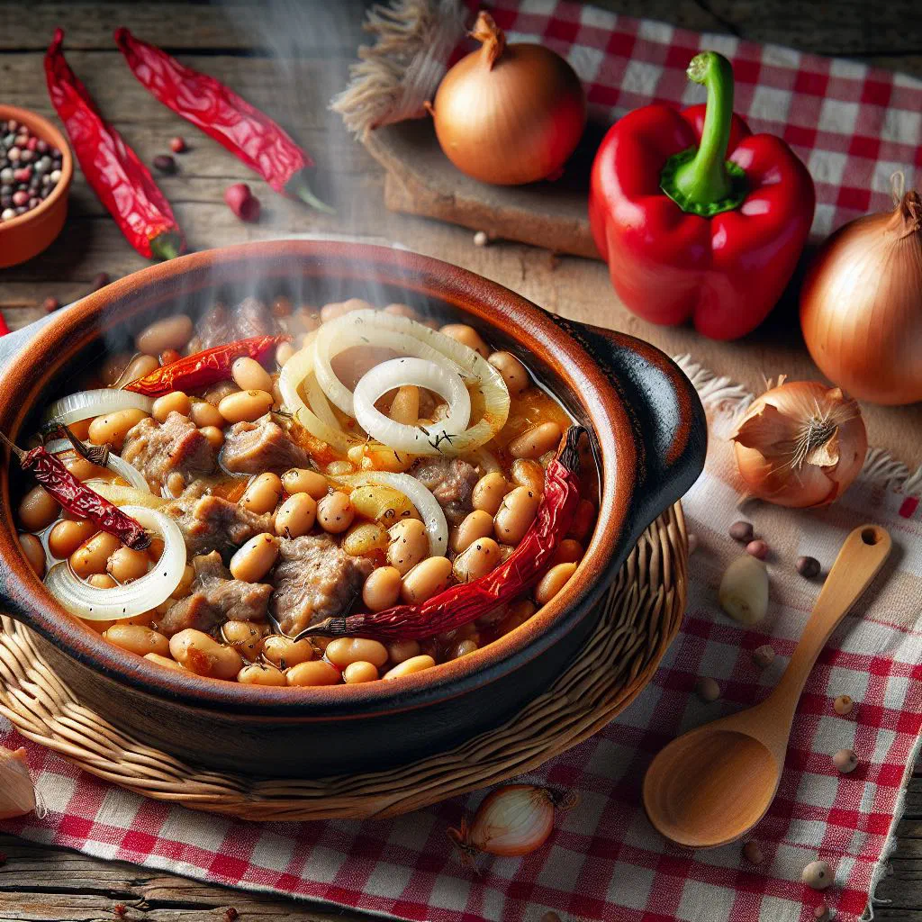 Baked white beans with vegetables and a golden crust in a rustic dish
