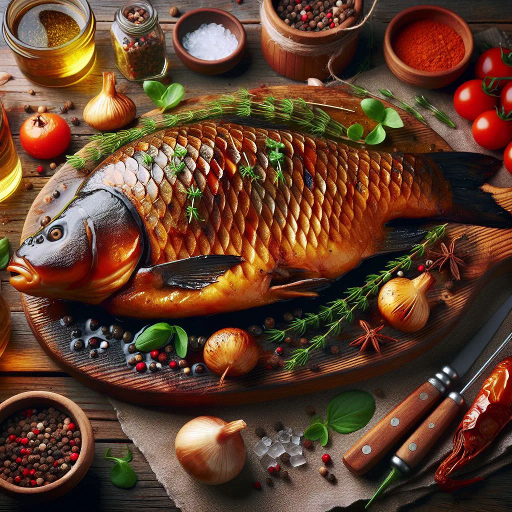 Whole baked carp garnished with lemon slices and parsley, surrounded by roasted vegetables