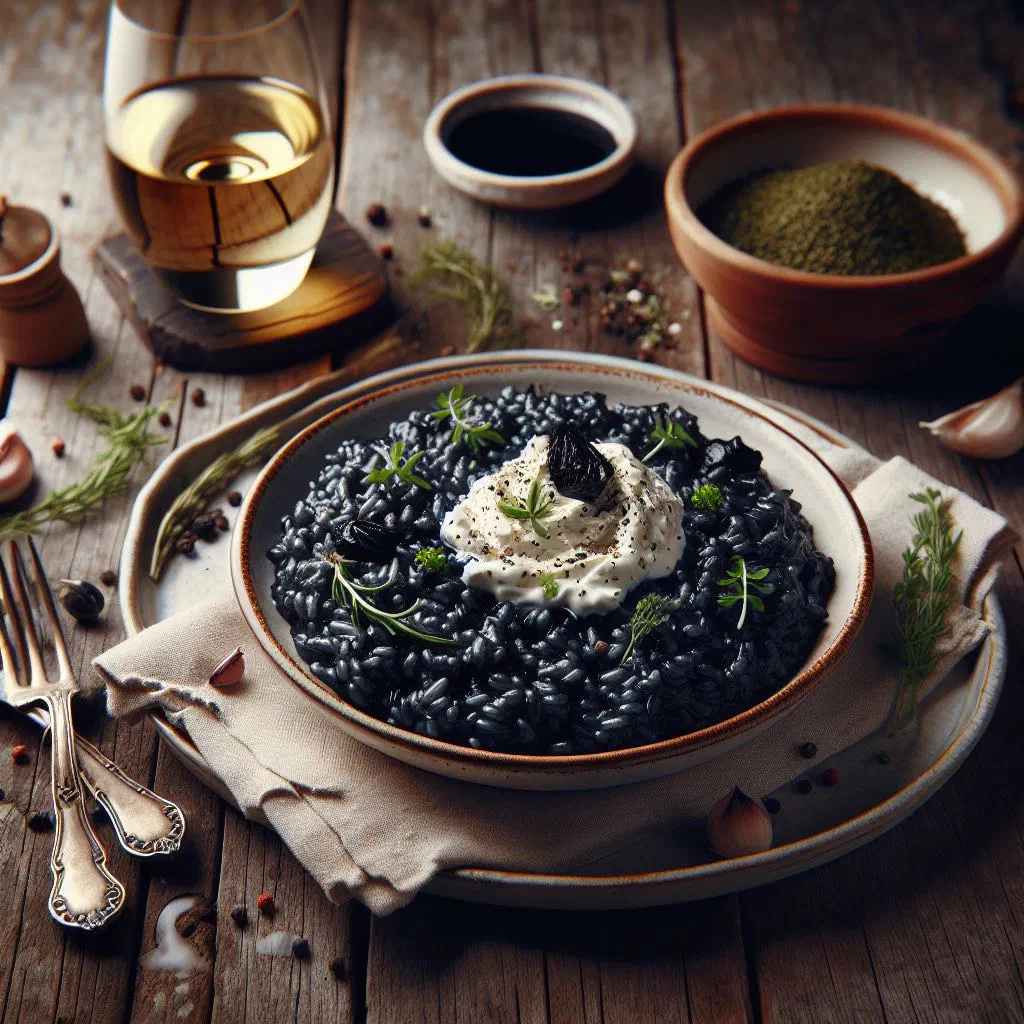 Croatian black risotto with cuttlefish garnished with fresh parsley