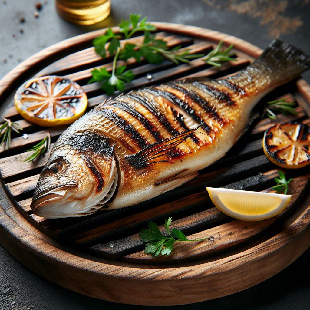 Grilled whole sea bass with lemon, fresh herbs and olive oil