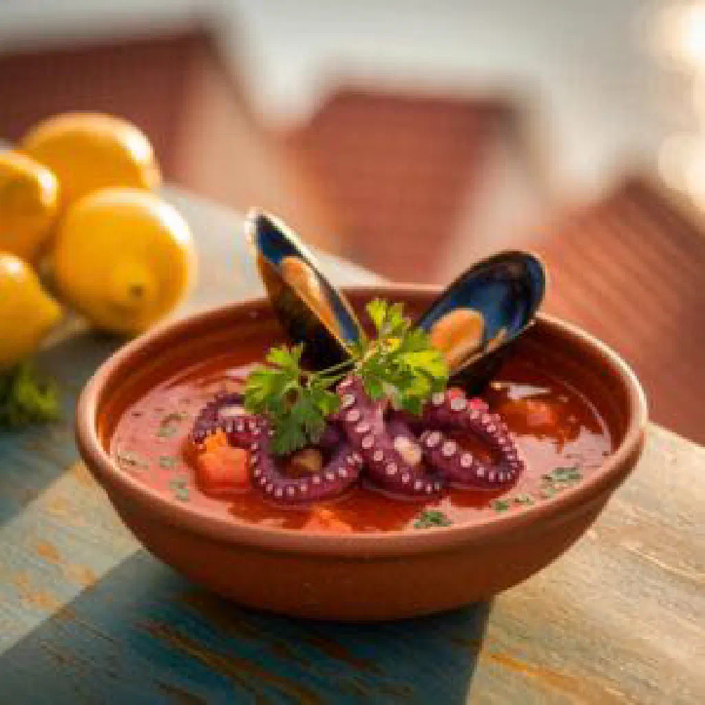 Croatian eel stew with peppers in a rustic bowl, garnished with parsley