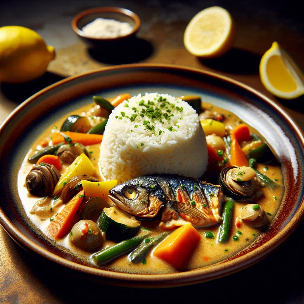 A rustic pot of Croatian brudet fish stew in a rich tomato sauce served with bread