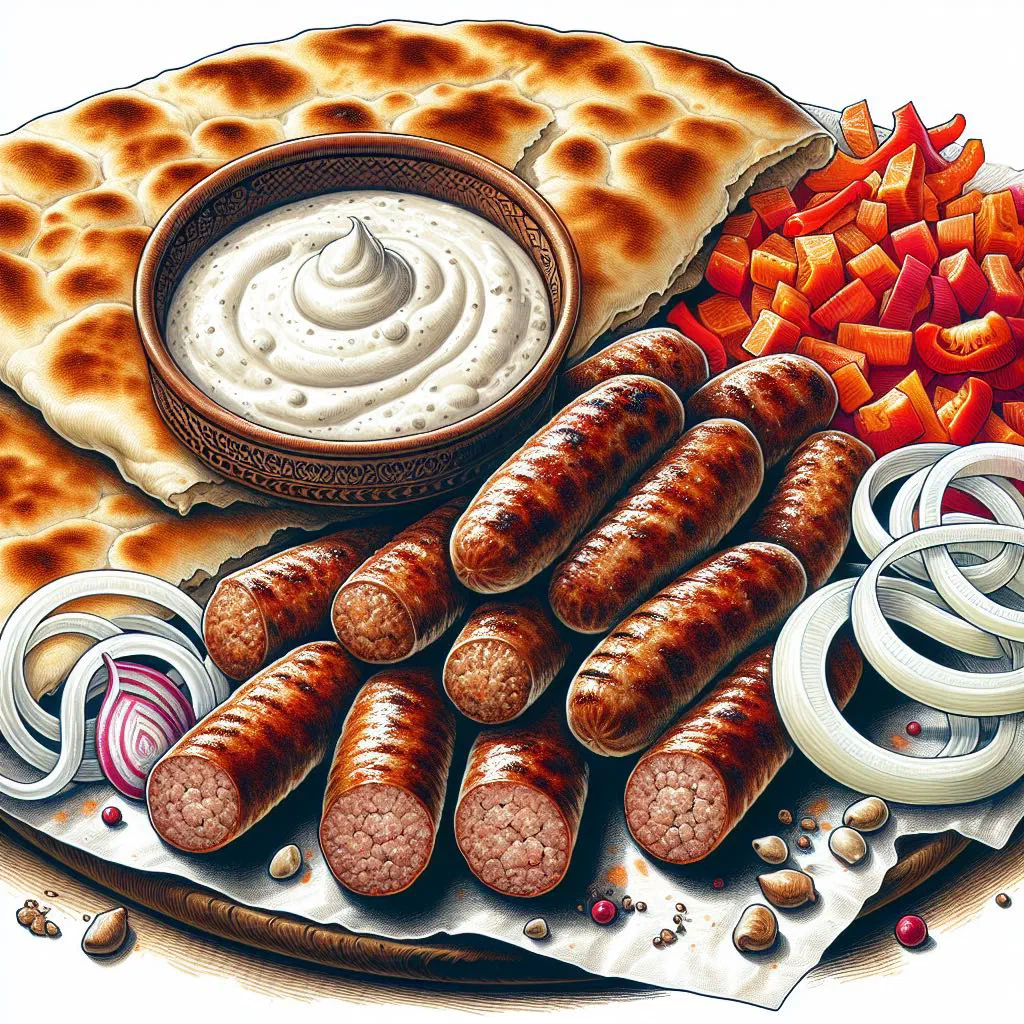 Grilled cevapcici served with flatbread, chopped onions and ajvar