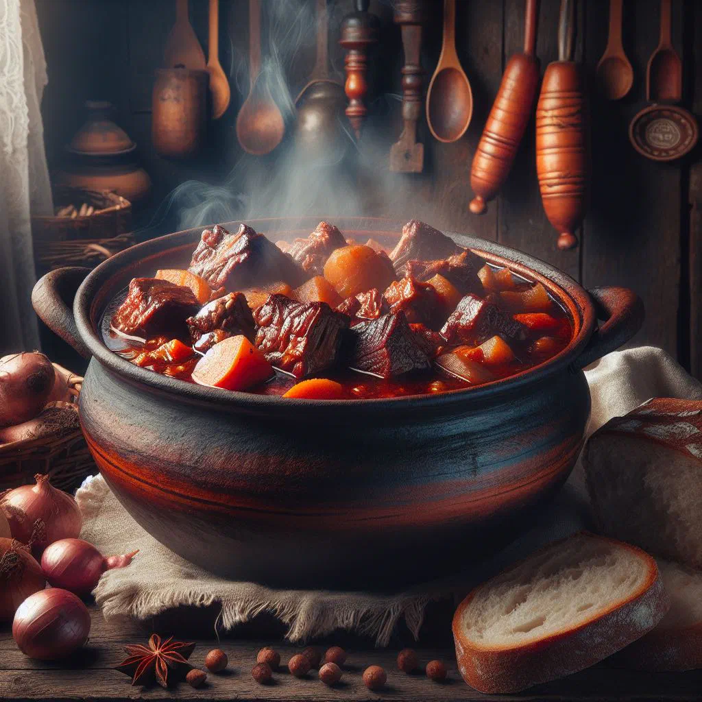 A bowl of rich red Čobanac meat stew with potatoes and paprika