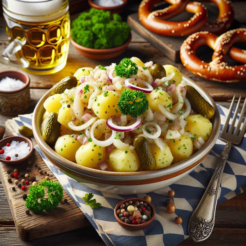 Cold Croatian potato salad with onion and fresh herbs in a bowl