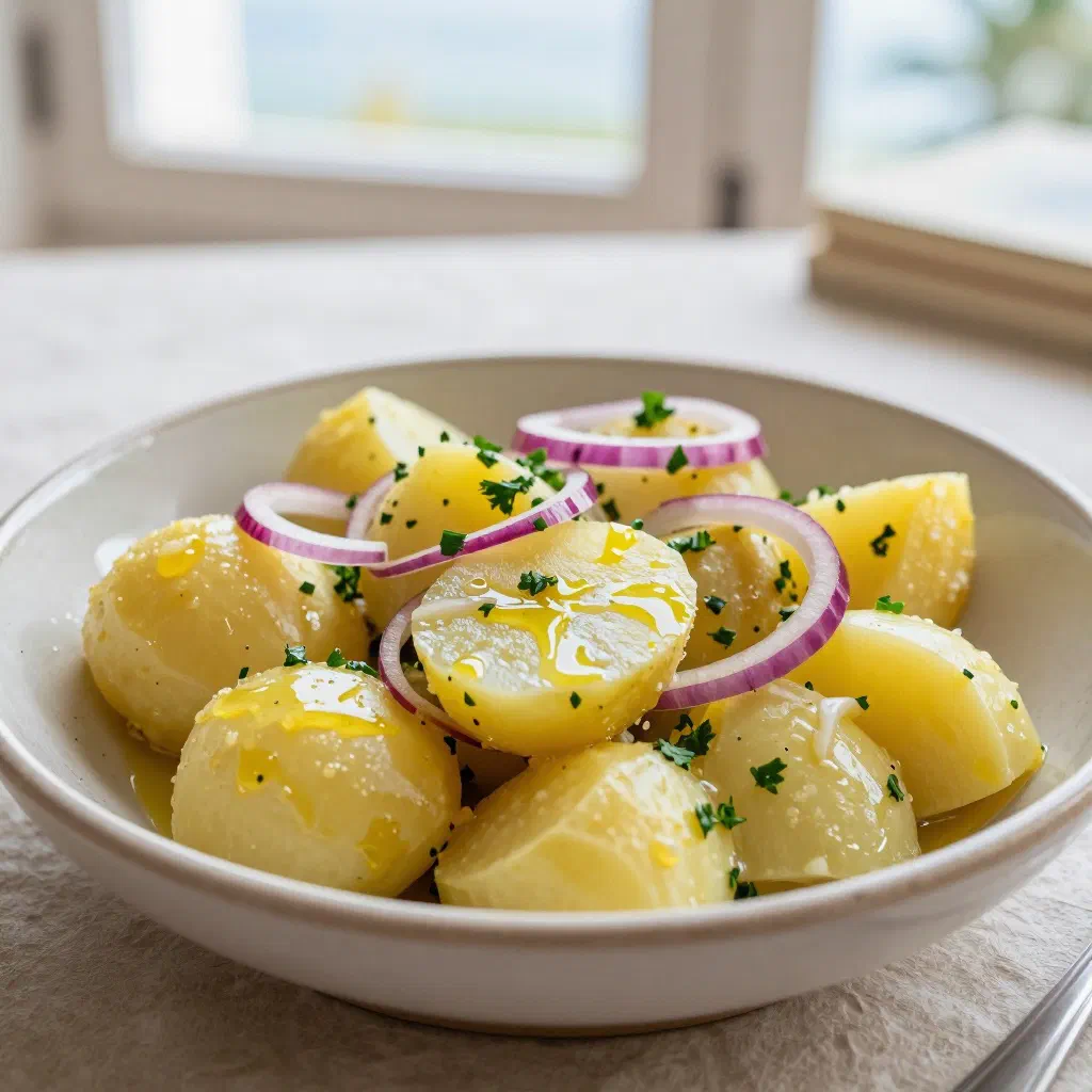 Cold Croatian potato salad with onion and fresh herbs in a bowl