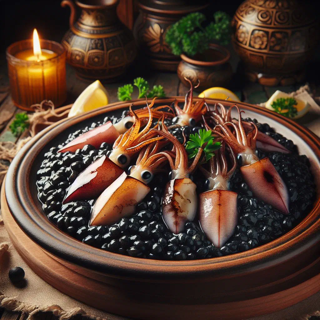 Deep black squid ink risotto garnished with fresh parsley in a white bowl