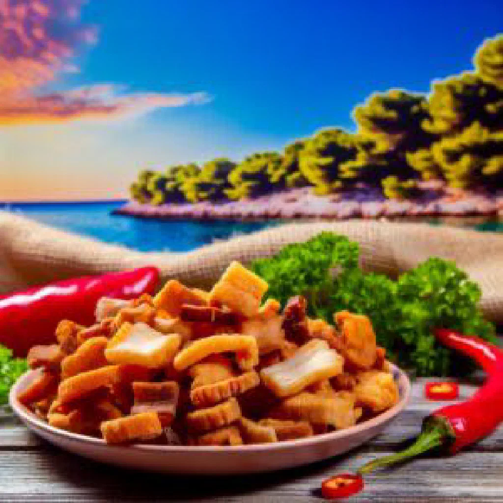 Golden, crispy Croatian čvarci pork cracklings on a rustic board