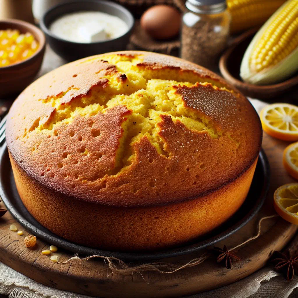 Golden loaf of Croatian cornbread cooling on a wooden board