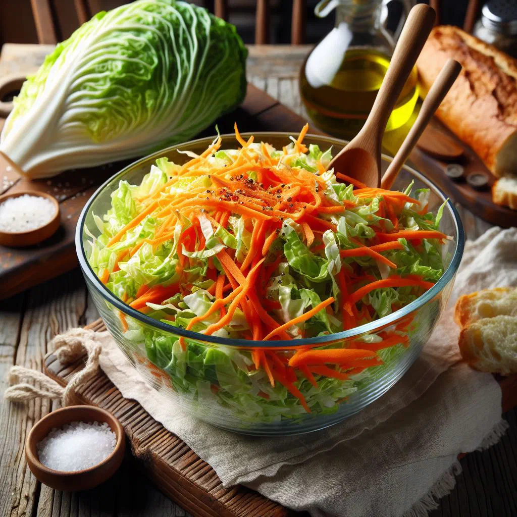 A bowl of fresh white cabbage and carrot salad with a light olive oil dressing