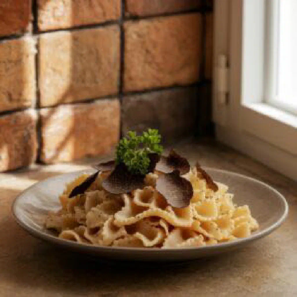Hand-rolled fuži pasta tossed in butter and topped with shaved truffles