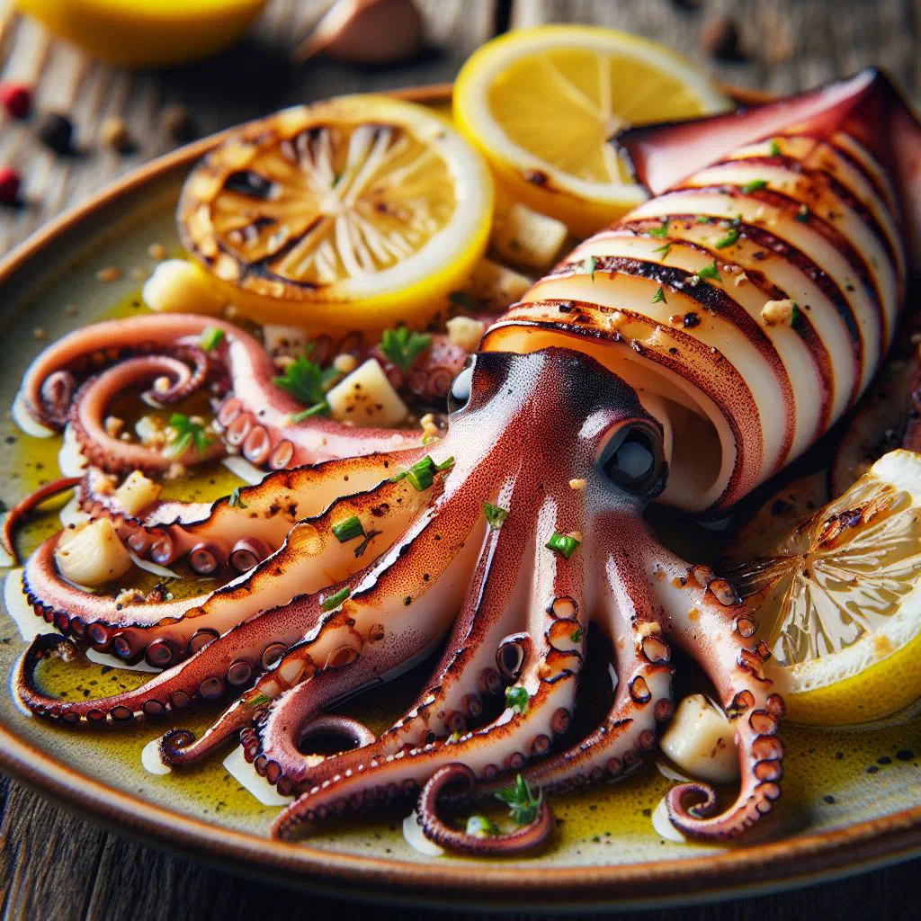Grilled squid rings on a white plate with lemon and parsley