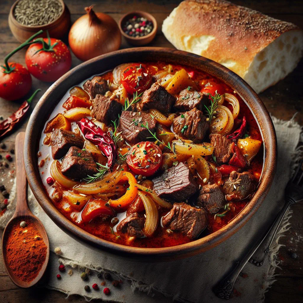 Rich Croatian hunter's goulash garnished with fresh parsley